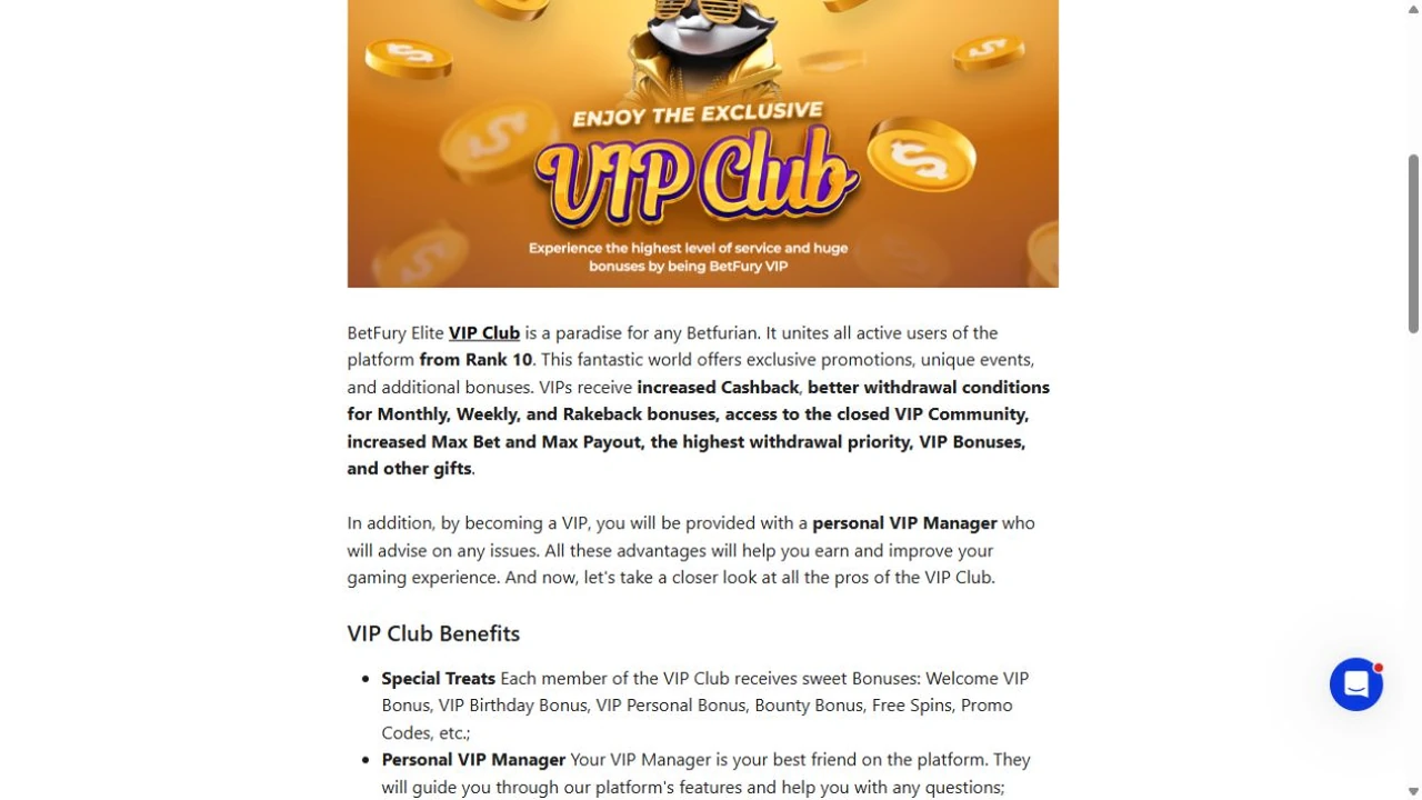 Beneficios VIP de BetFury con manager y prioridad de retiro
