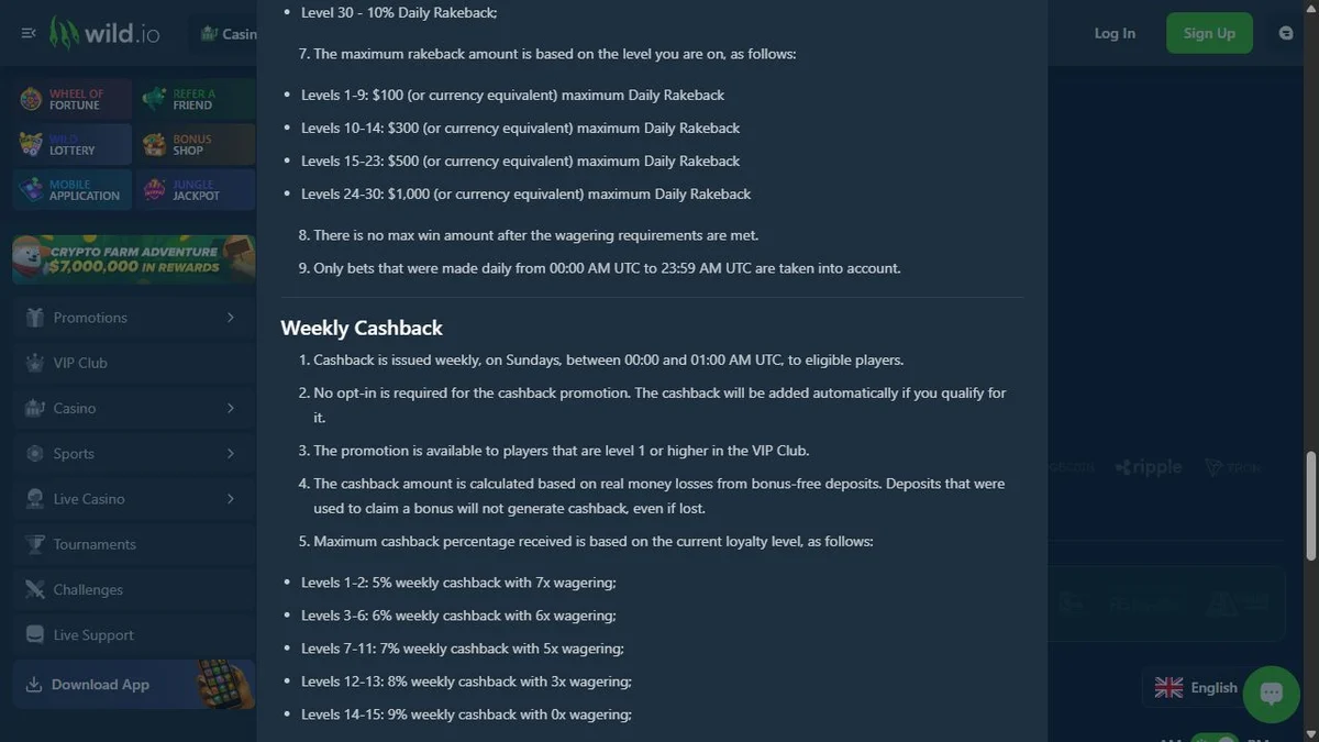 Wild.io VIP Club screenshot showing 30 levels, rakeback and cashback