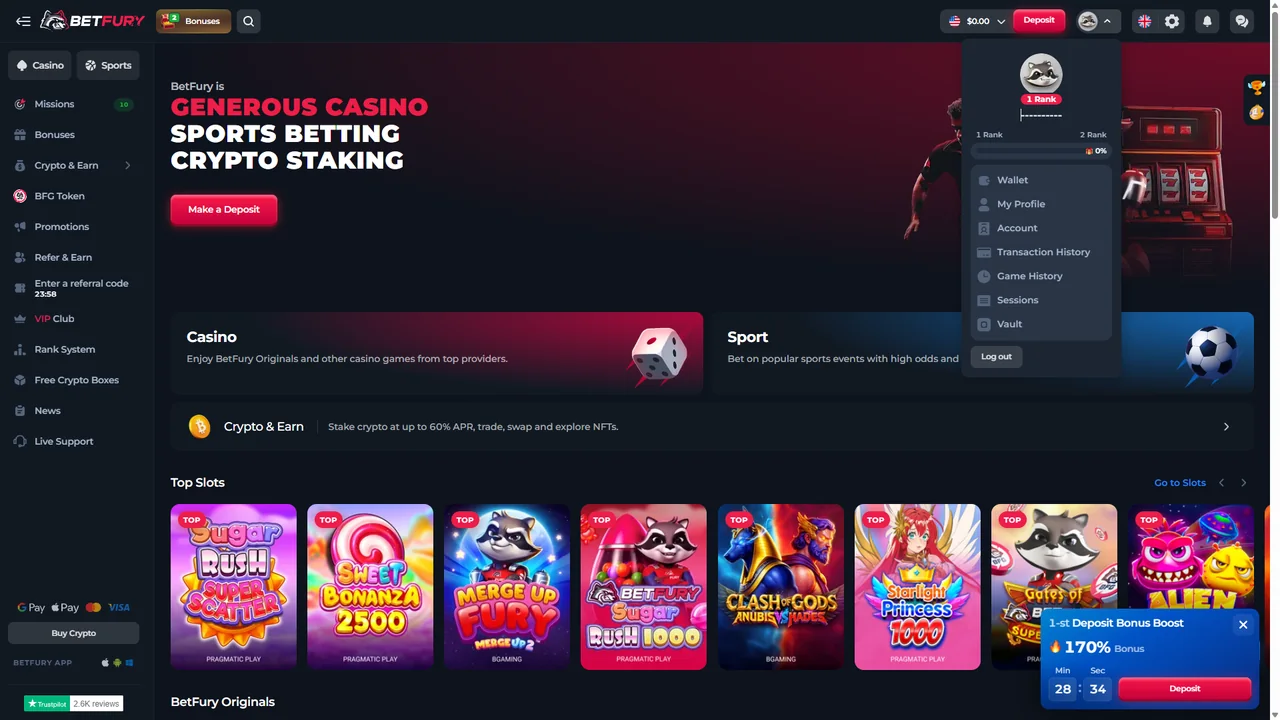 Logged-in BetFury account showing casino, BFG token, rewards, Rank System and account menu