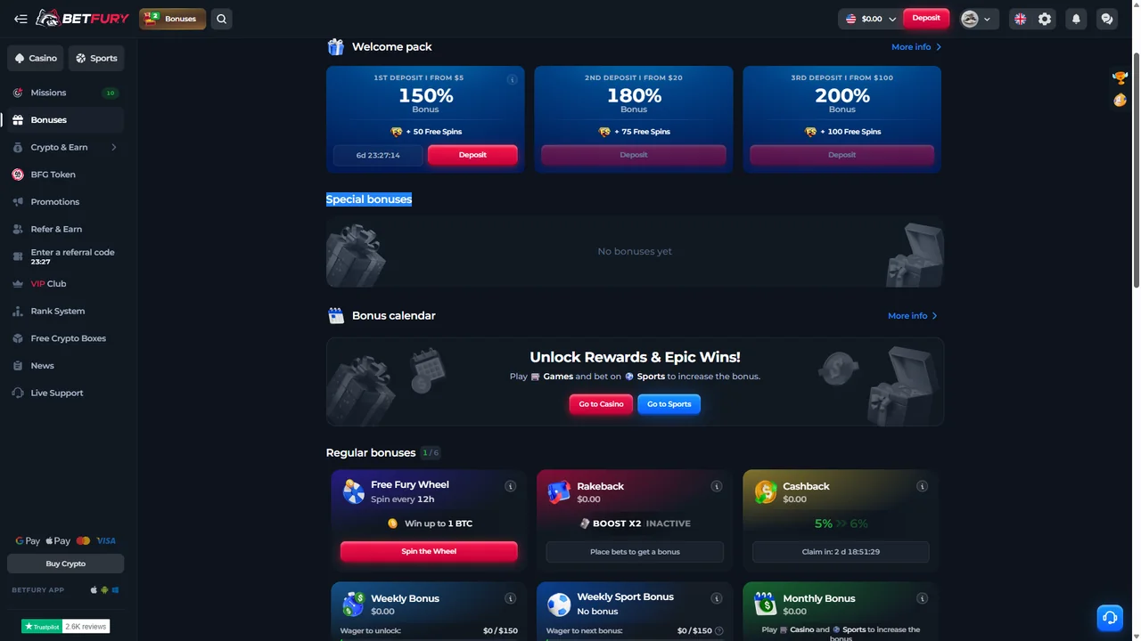 BetFury Bonus Cabinet showing Welcome Pack, Bonus Calendar, Rakeback, Cashback, Weekly and Monthly bonuses