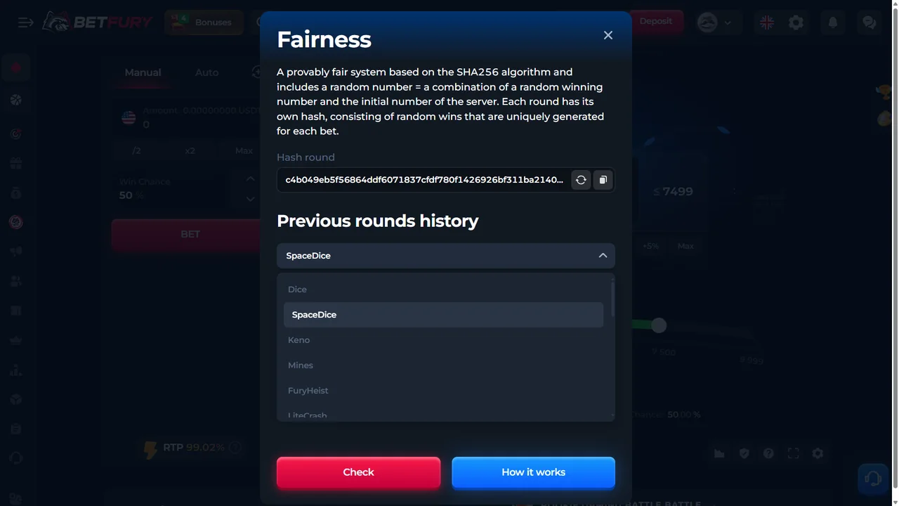 BetFury Fairness popup showing SHA256 explanation, hash round, previous rounds history and Check button