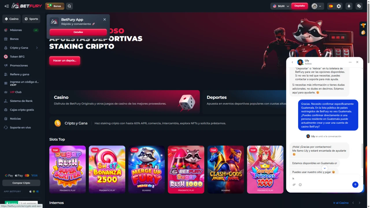 Soporte de BetFury confirmando disponibilidad para Guatemala en español