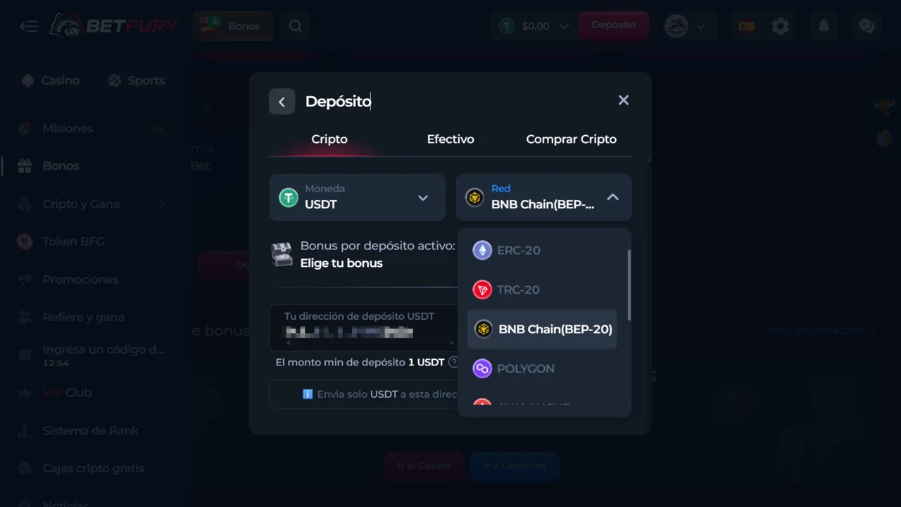 Depósito USDT de BetFury en español con mínimo 1 USDT y redes ERC20 TRC20 BEP20 Polygon