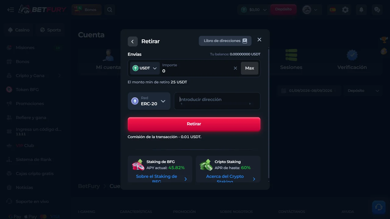 Pantalla de retiro USDT de BetFury en español con mínimo 25 USDT y comisión mostrada de 0,01 USDT