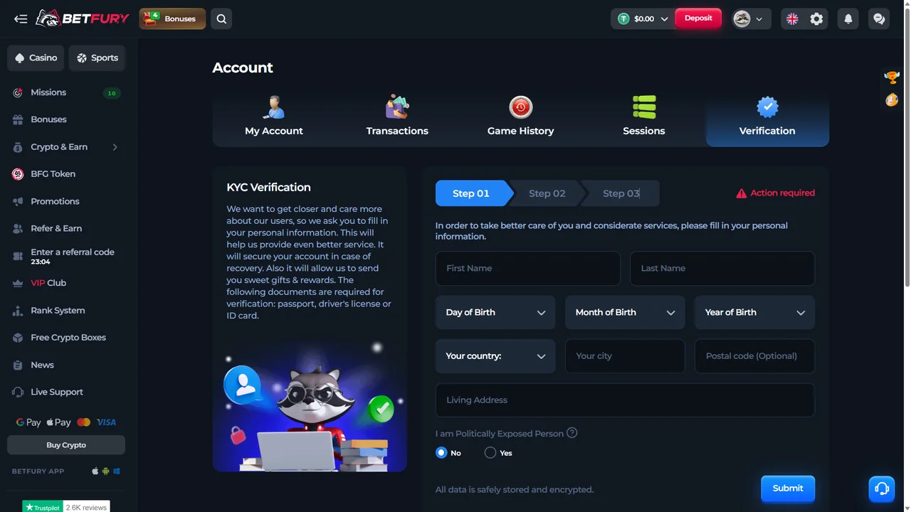 BetFury KYC Verification screen showing three steps, Action required and identity document requirements