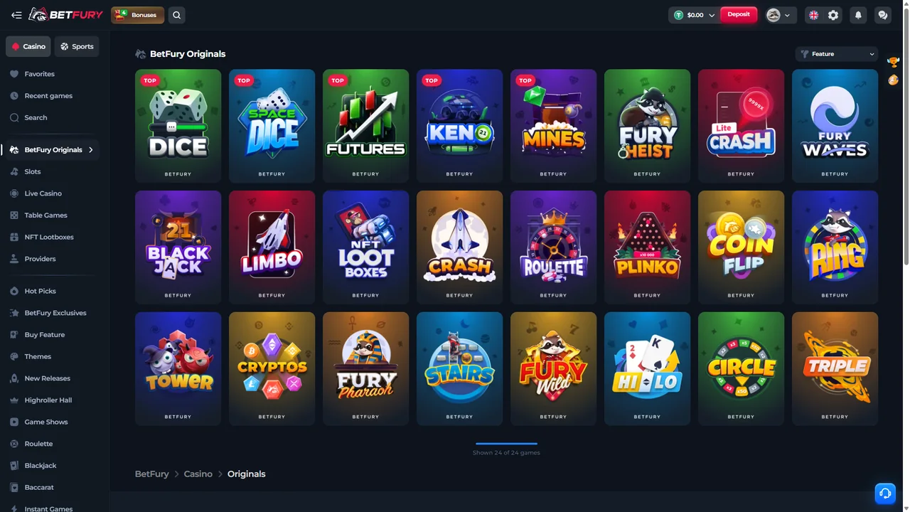 BetFury Originals lobby showing 24 of 24 in-house casino games including Dice, Mines, Plinko, Crash and Blackjack