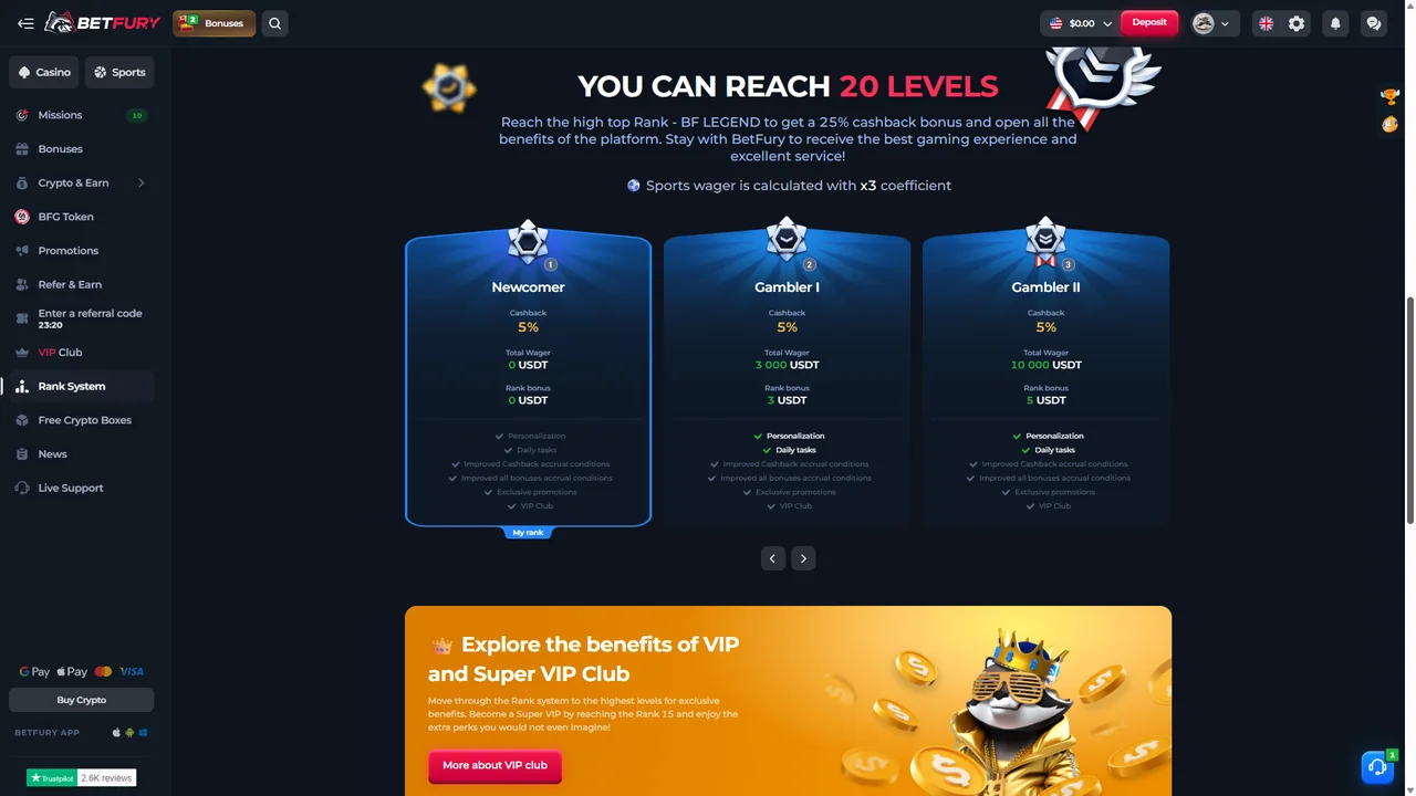 BetFury Rank System in our logged-in Rank 1 account showing cashback and wager thresholds