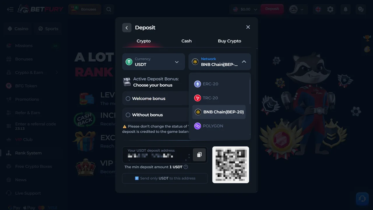 BetFury USDT deposit screen showing ERC-20 TRC-20 BNB Chain BEP-20 Polygon and 1 USDT minimum deposit