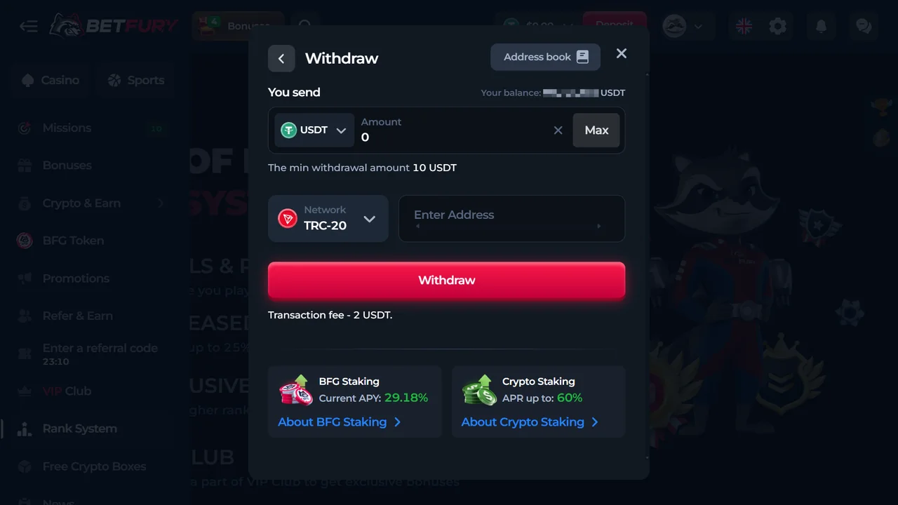 BetFury USDT withdrawal screen showing TRC-20, 10 USDT minimum withdrawal and 2 USDT transaction fee