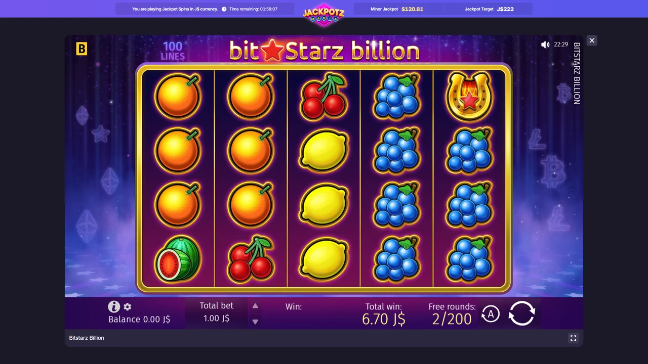 BitStarz Billion opened inside the logged-in BitStarz account with free rounds and a game result visible