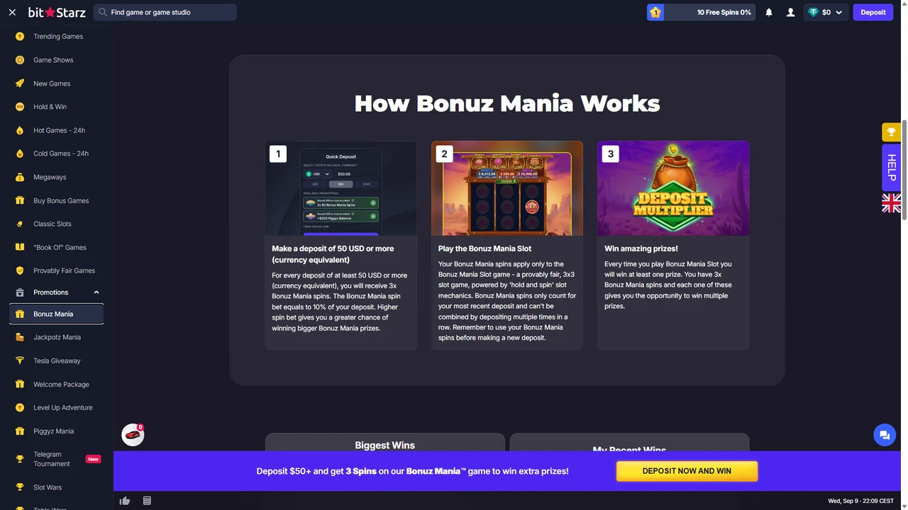BitStarz Bonuz Mania instructions showing a 50 dollar minimum deposit, three spins and deposit multiplier prizes