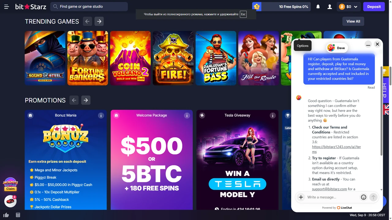 Chat de soporte de BitStarz respondiendo sobre la disponibilidad para jugadores de Guatemala