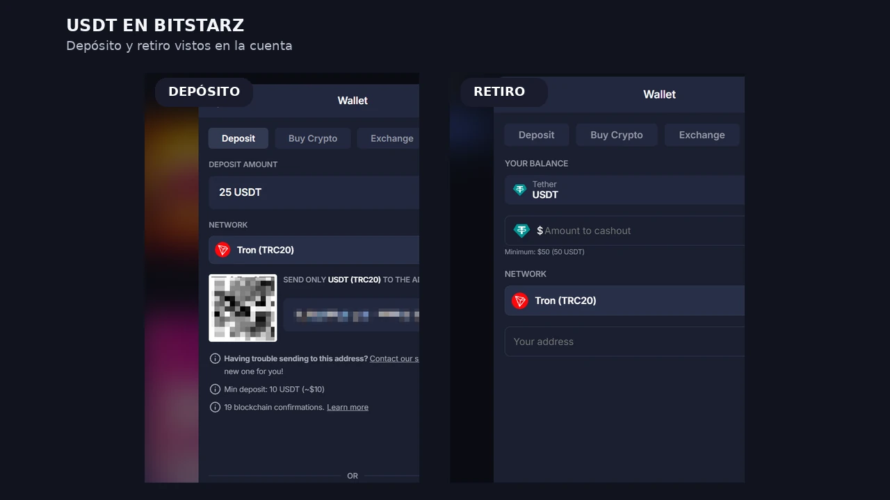 Comparación del depósito y retiro USDT en BitStarz con mínimos de 10 y 50 USDT