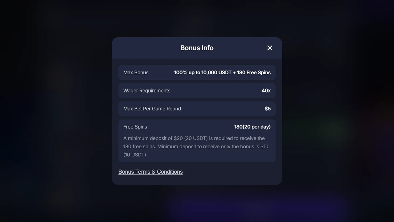 BitStarz USDT bonus information showing 100 percent up to 10000 USDT, 180 free spins, 40x wagering and a 5 dollar maximum bet