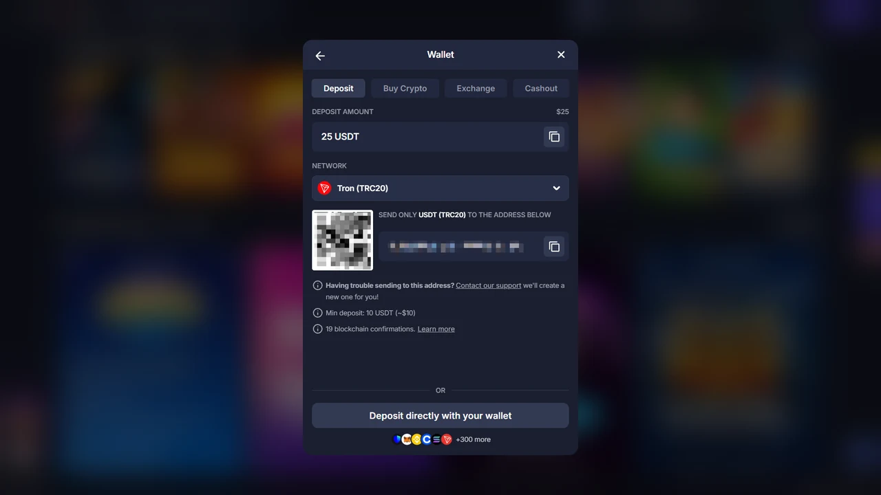 BitStarz USDT deposit screen showing Tron TRC20 and a 10 USDT minimum deposit