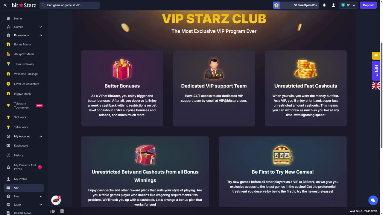 BitStarz VIP Starz Club page showing better bonuses, dedicated VIP support and unrestricted fast cashouts