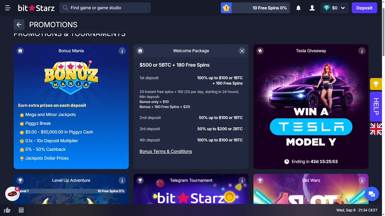 BitStarz Welcome Package promotion showing a four-deposit package and 180 free spins