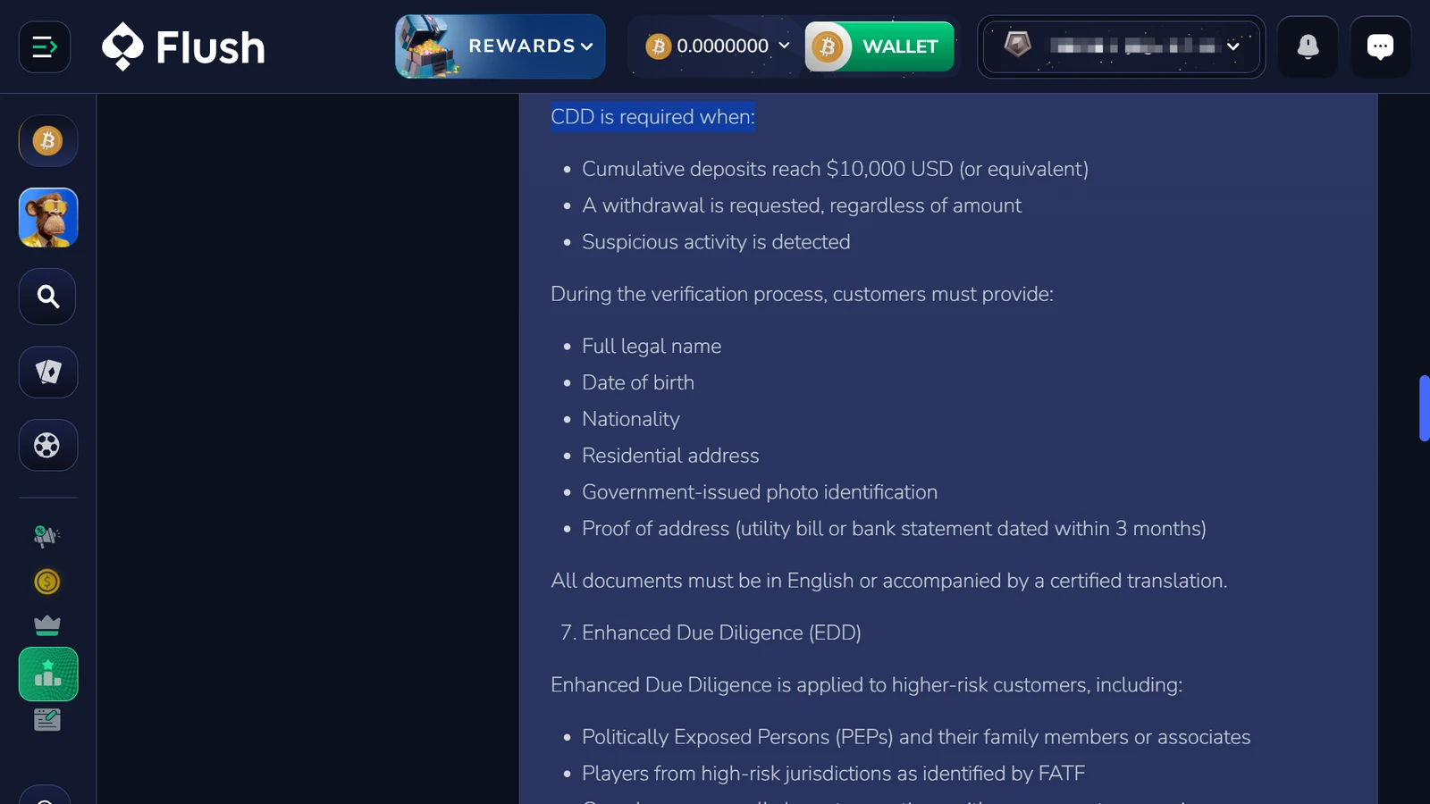 Flush AML policy wording about customer due diligence and withdrawals captured for our review