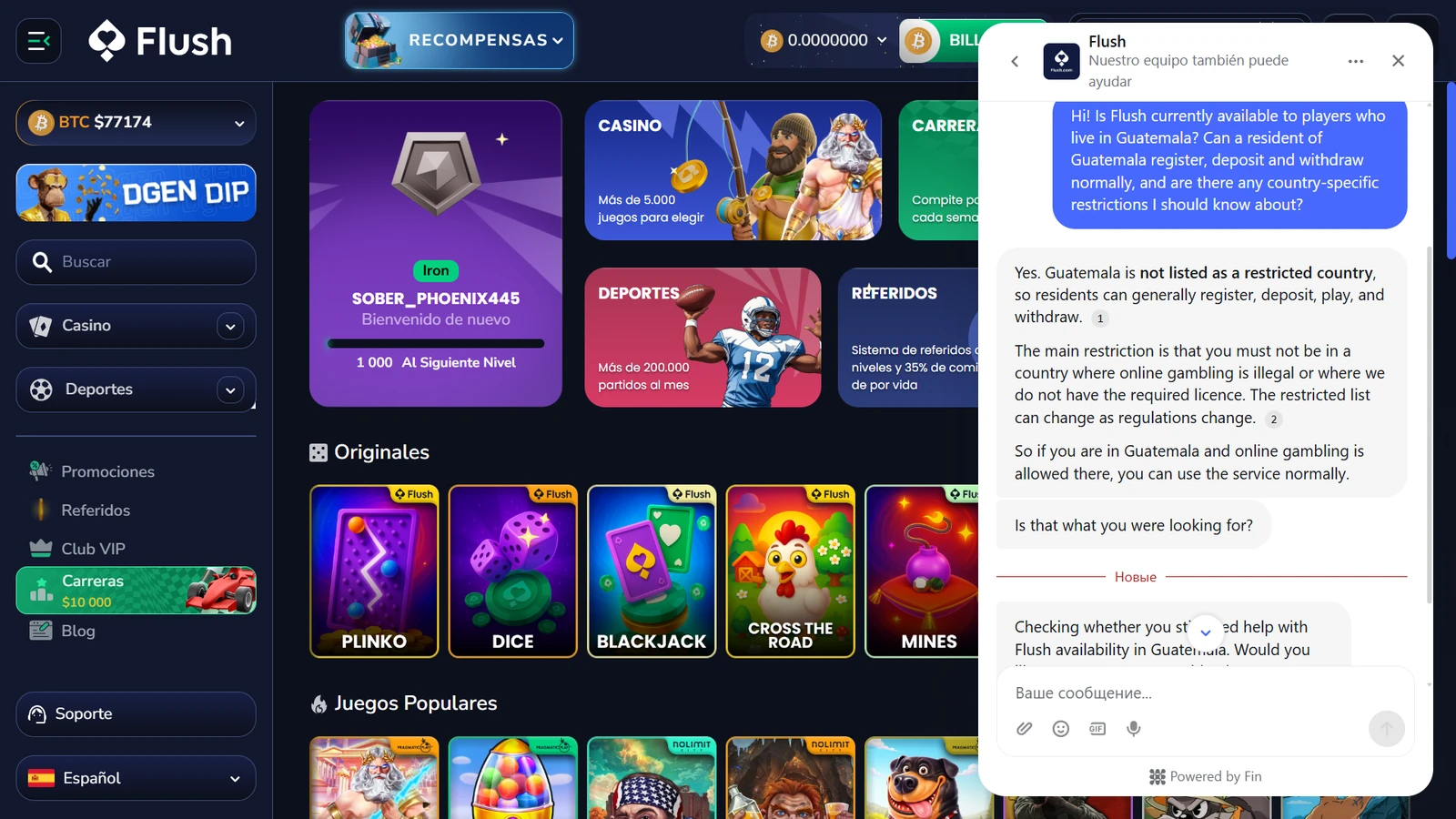 Chat de soporte de Flush confirmando la disponibilidad general para jugadores residentes en Guatemala