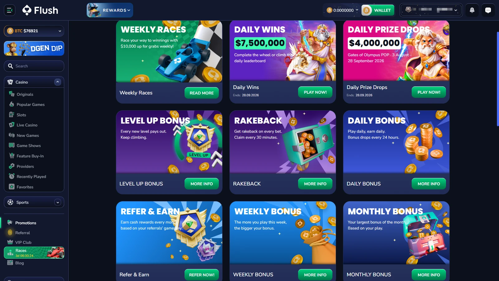 Full Flush Promotions screen with the Rakeback card saying claim every 30 minutes