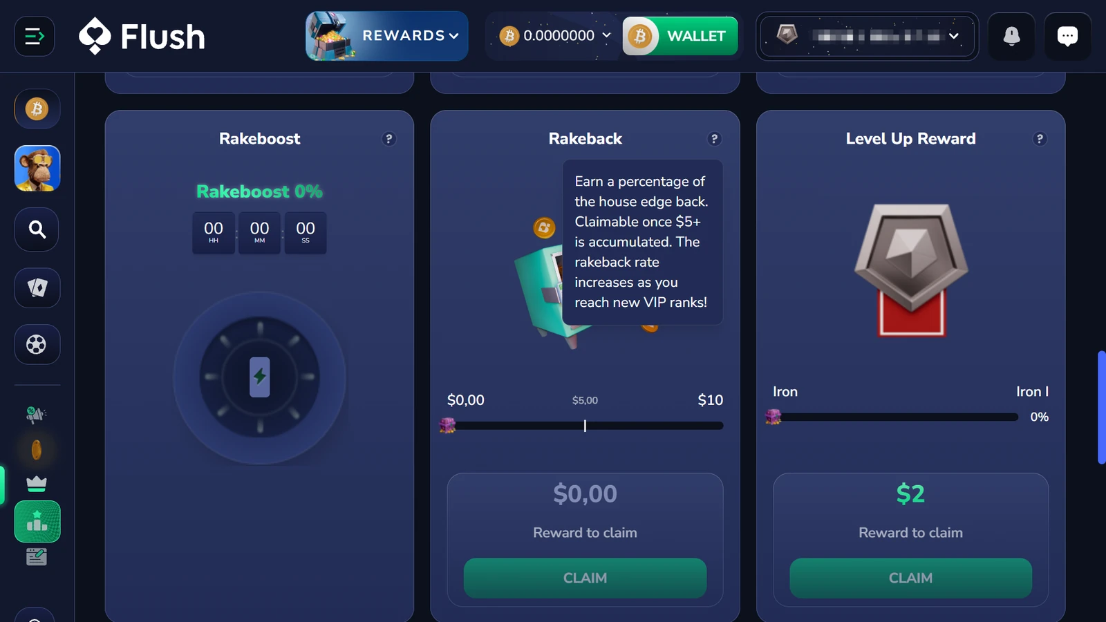 Full Flush Rewards screen showing the five dollar rakeback claim threshold and rank-based rakeback wording