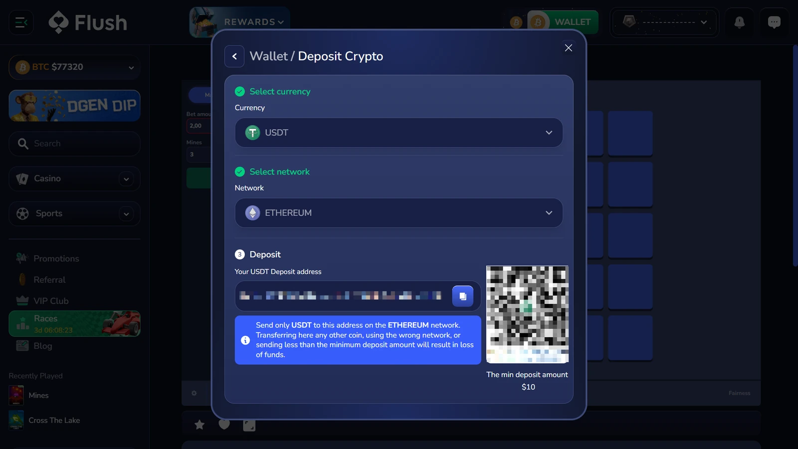Full Flush wallet screen showing USDT on Ethereum with a ten dollar minimum deposit