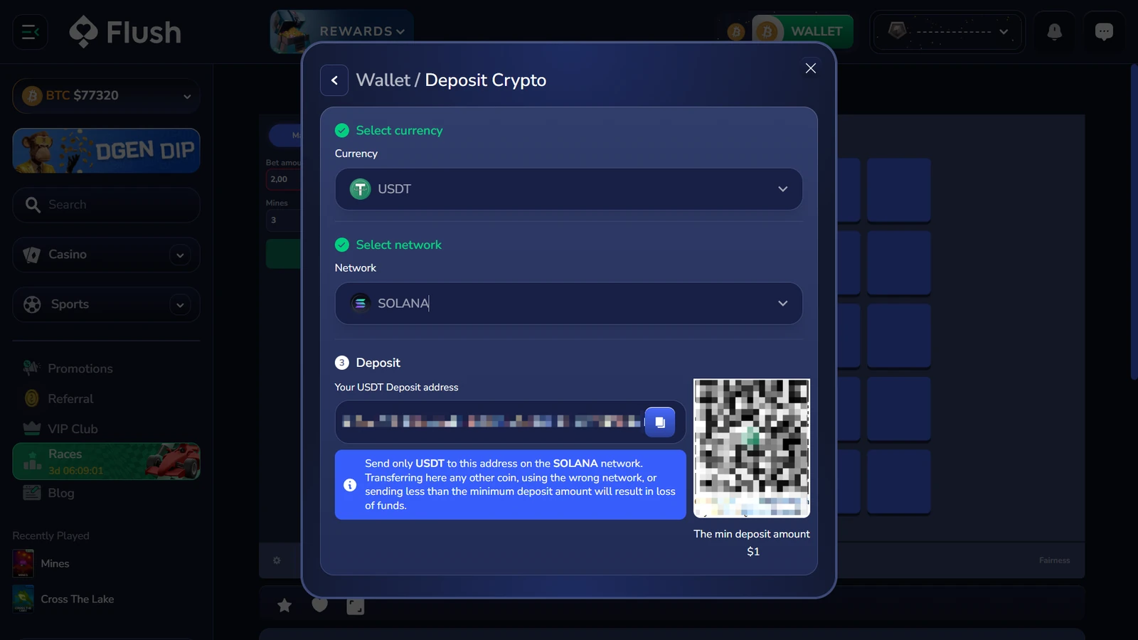 Full Flush wallet screen showing USDT on Solana with a one dollar minimum deposit