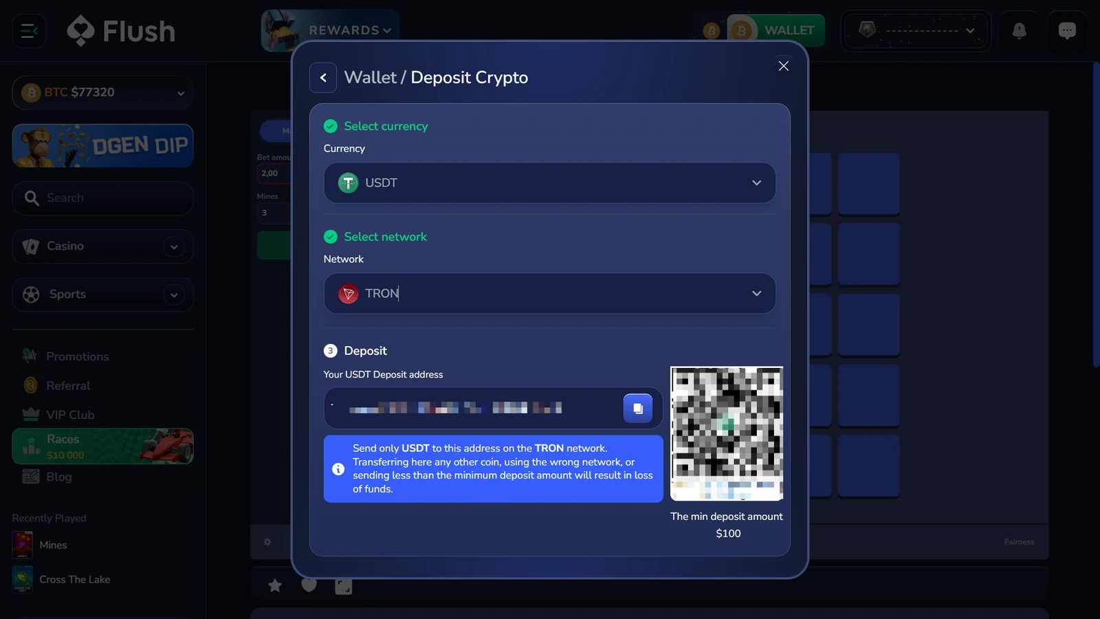 Full Flush wallet screen showing USDT on Tron with a one hundred dollar minimum deposit