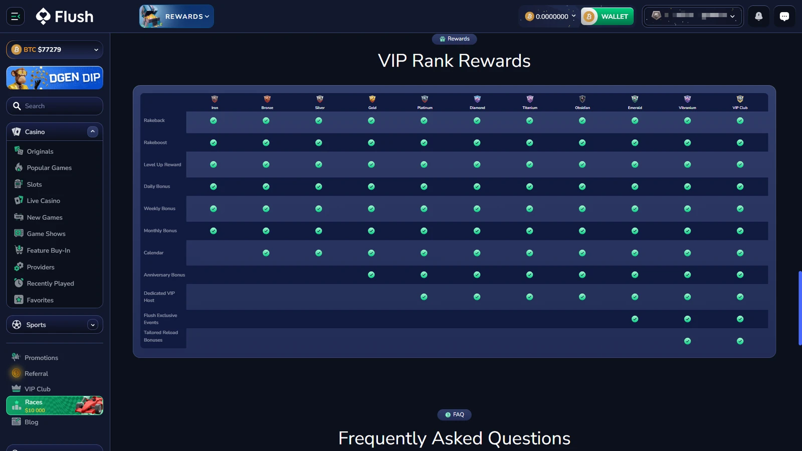 Flush VIP Rank Rewards table showing 11 ranks from Iron through VIP Club and the benefits unlocked across the ladder