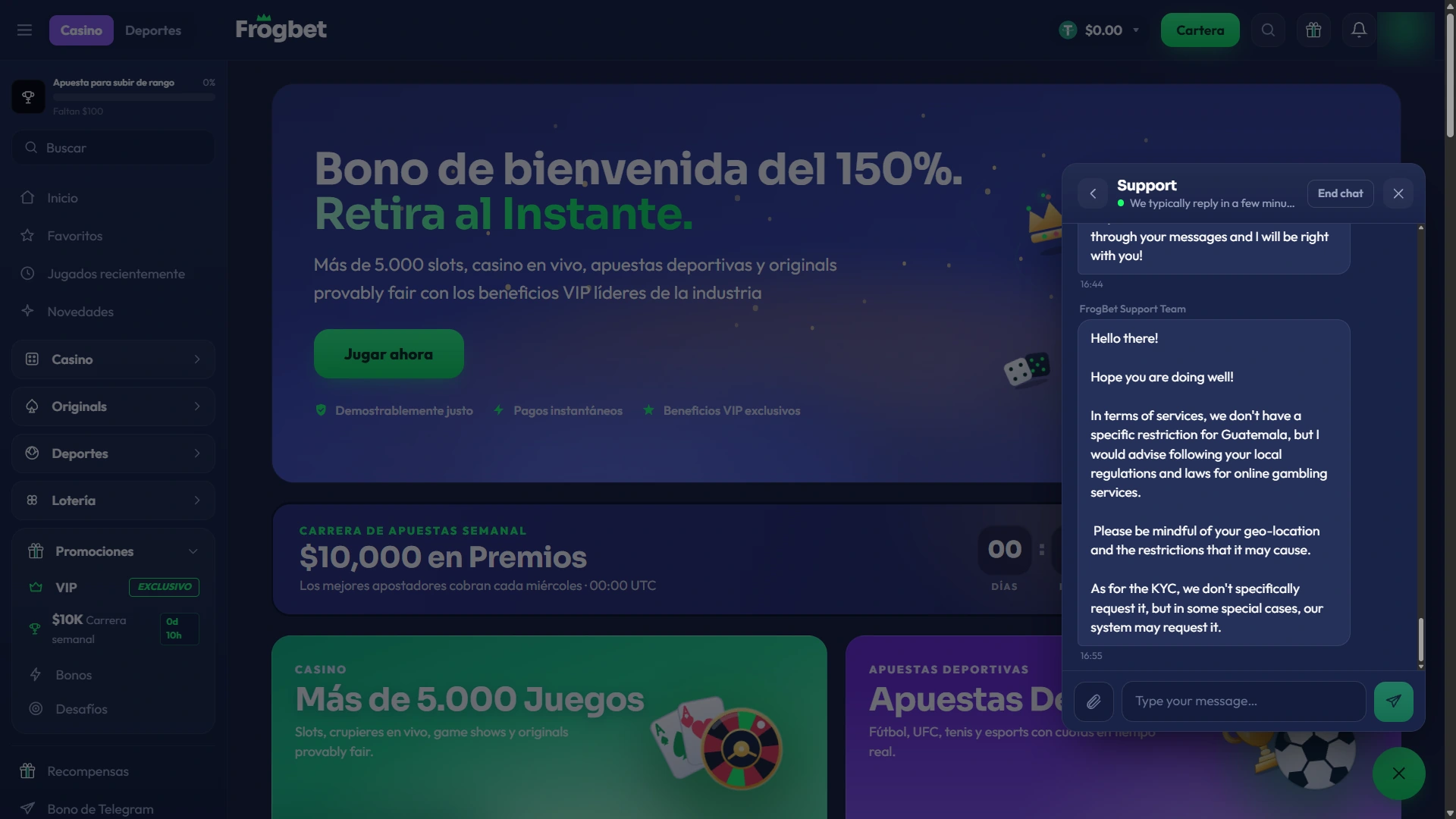 Respuesta de FrogBet Support Team indicando que no existe una restricción específica para Guatemala y que KYC puede solicitarse en casos especiales