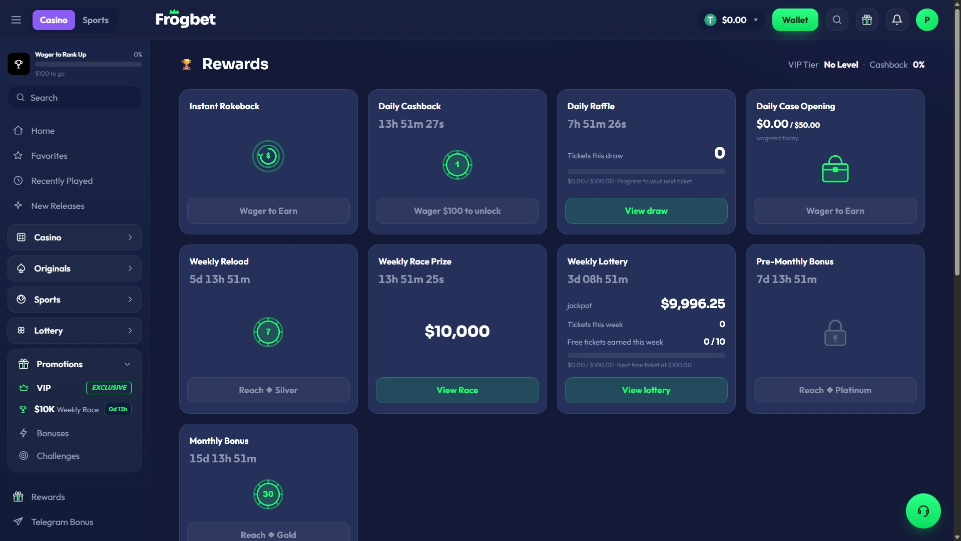 Frogbet Rewards dashboard showing instant rakeback, daily cashback, raffles, weekly race, lottery and monthly rewards