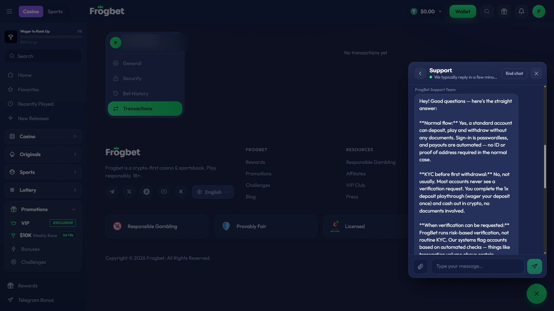 Frogbet support explaining that standard accounts normally deposit play and withdraw without documents and that first withdrawal KYC is not routine