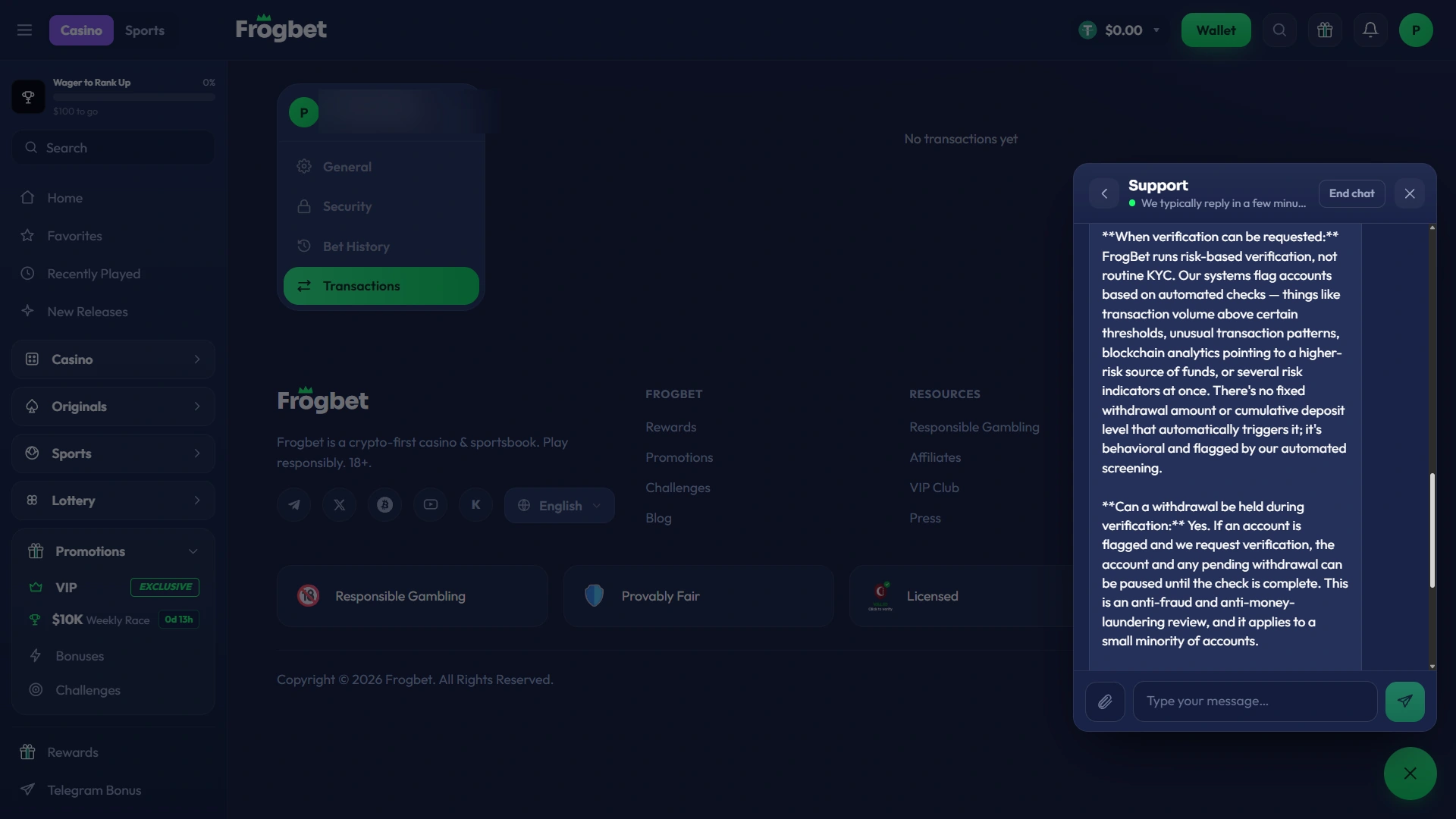 Frogbet support explaining risk based KYC triggers and that a pending withdrawal can be paused during verification