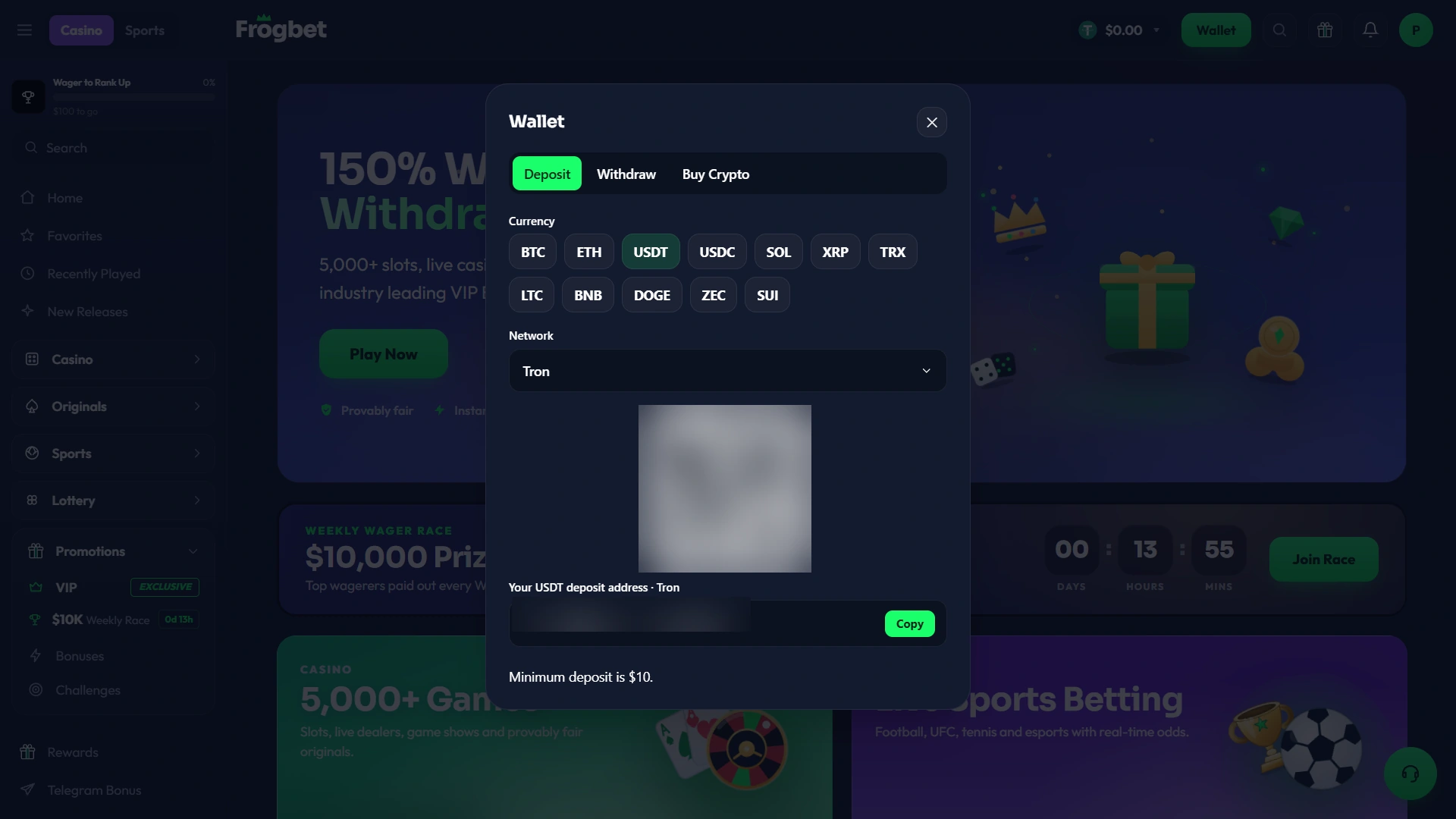 Frogbet USDT deposit screen with Tron selected and a 10 dollar minimum deposit