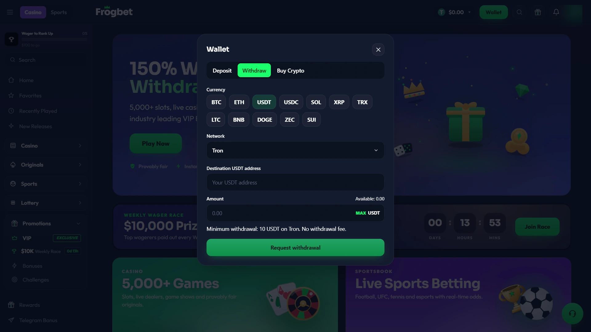 Cajero de retiro de Frogbet con USDT en TRON mostrando retiro mínimo de 10 USDT y sin tarifa de retiro