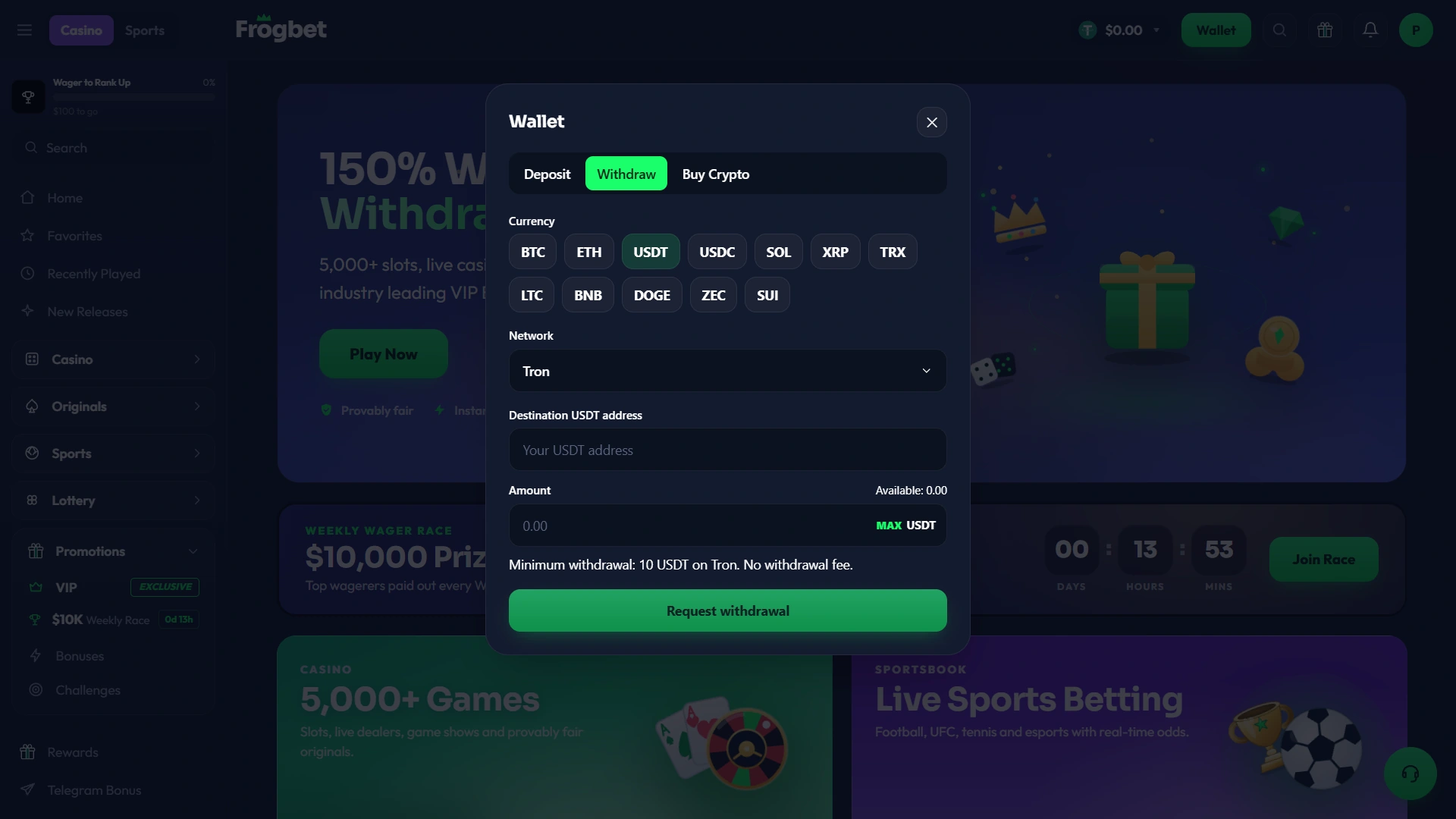 Frogbet USDT withdrawal screen showing a 10 USDT minimum and no withdrawal fee on TRON