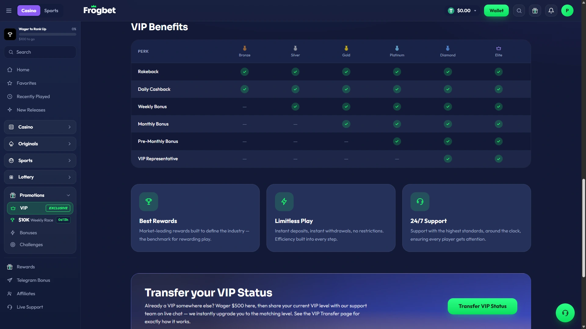 Frogbet VIP Benefits page showing tier perks and the 500 dollar wagering requirement for VIP status transfer