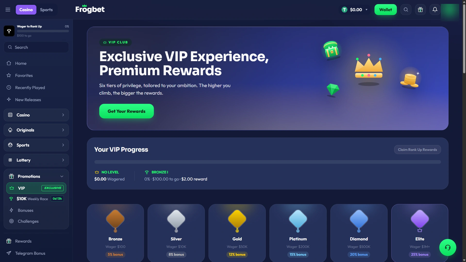 Progreso VIP de Frogbet desde No Level hasta Bronze Silver Gold Platinum Diamond y Elite