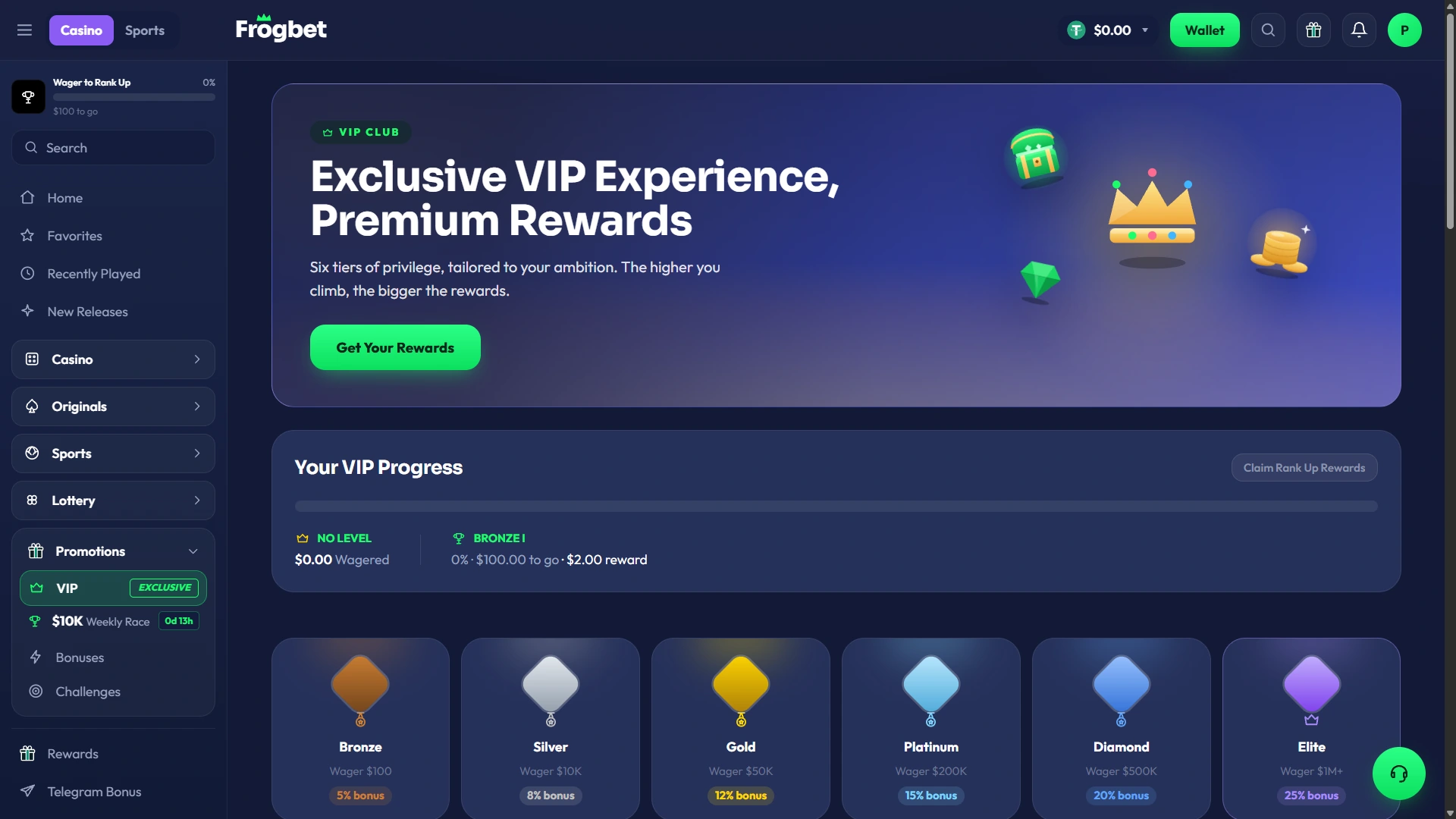 Frogbet VIP Club showing fresh account progress from No Level to Bronze and public tier wagering thresholds
