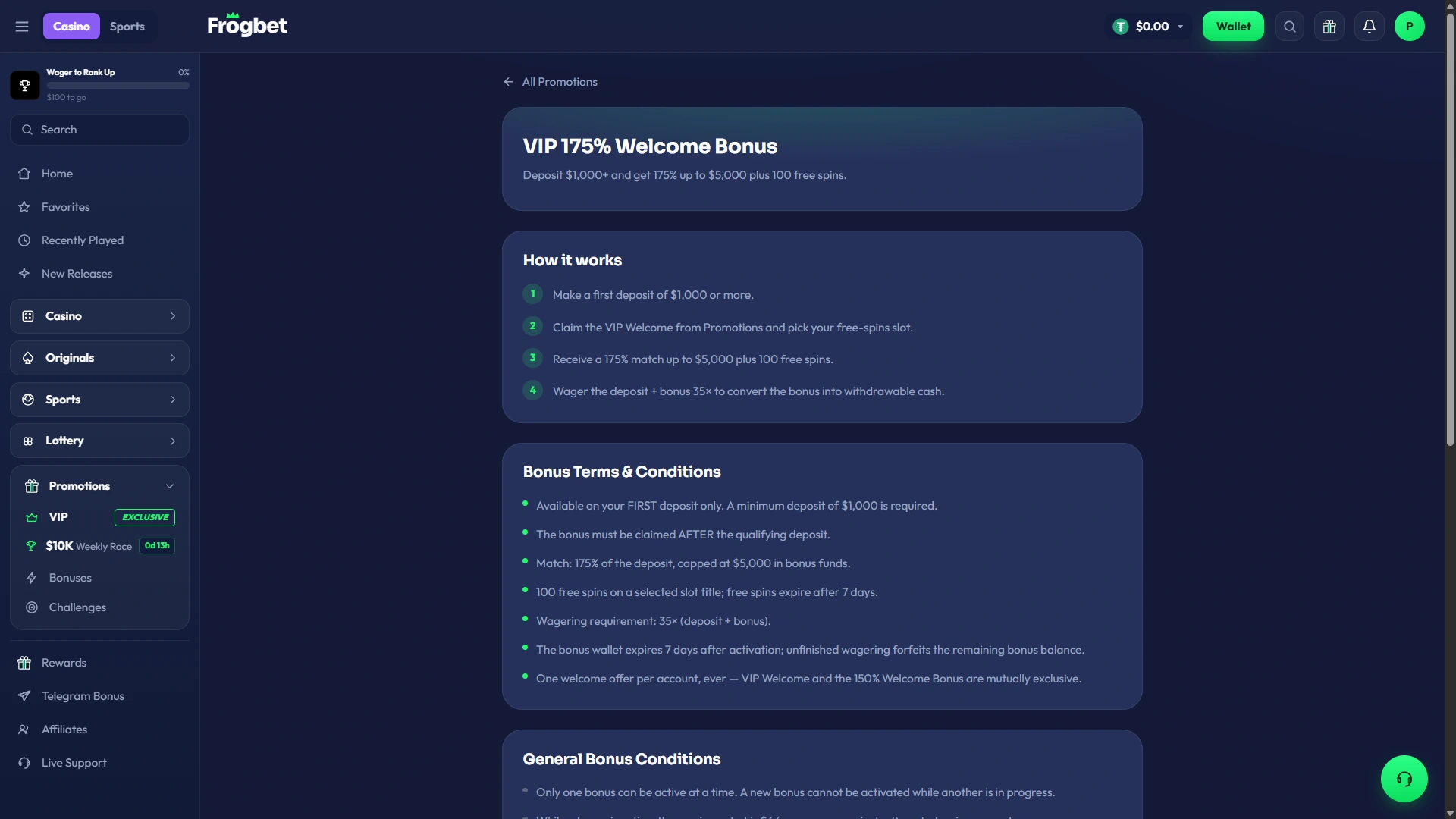Frogbet logged-in VIP welcome page showing 175 percent bonus, 100 free spins, 1000 dollar minimum and 35x deposit plus bonus wagering