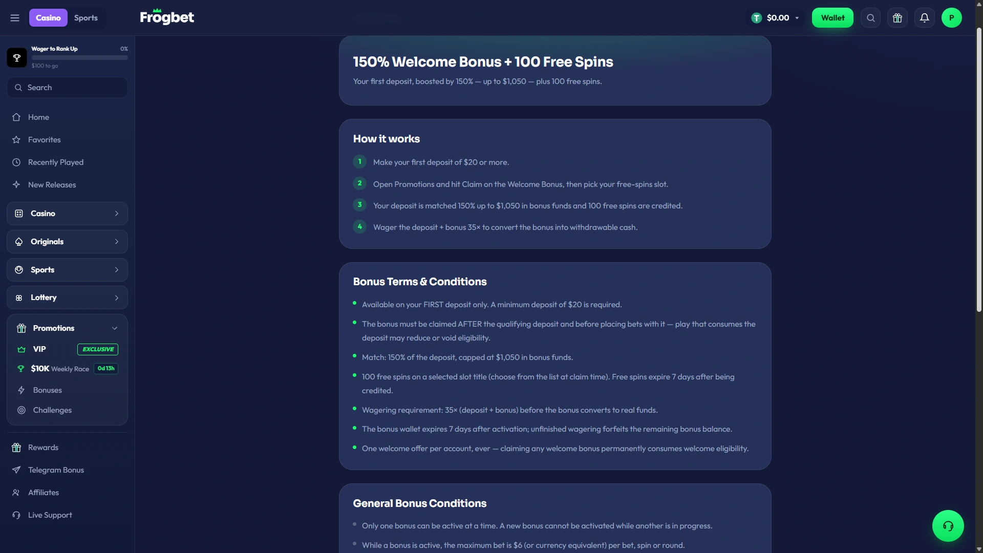 Frogbet logged-in 150 percent welcome bonus page showing 100 free spins, 20 dollar minimum and 35x deposit plus bonus wagering