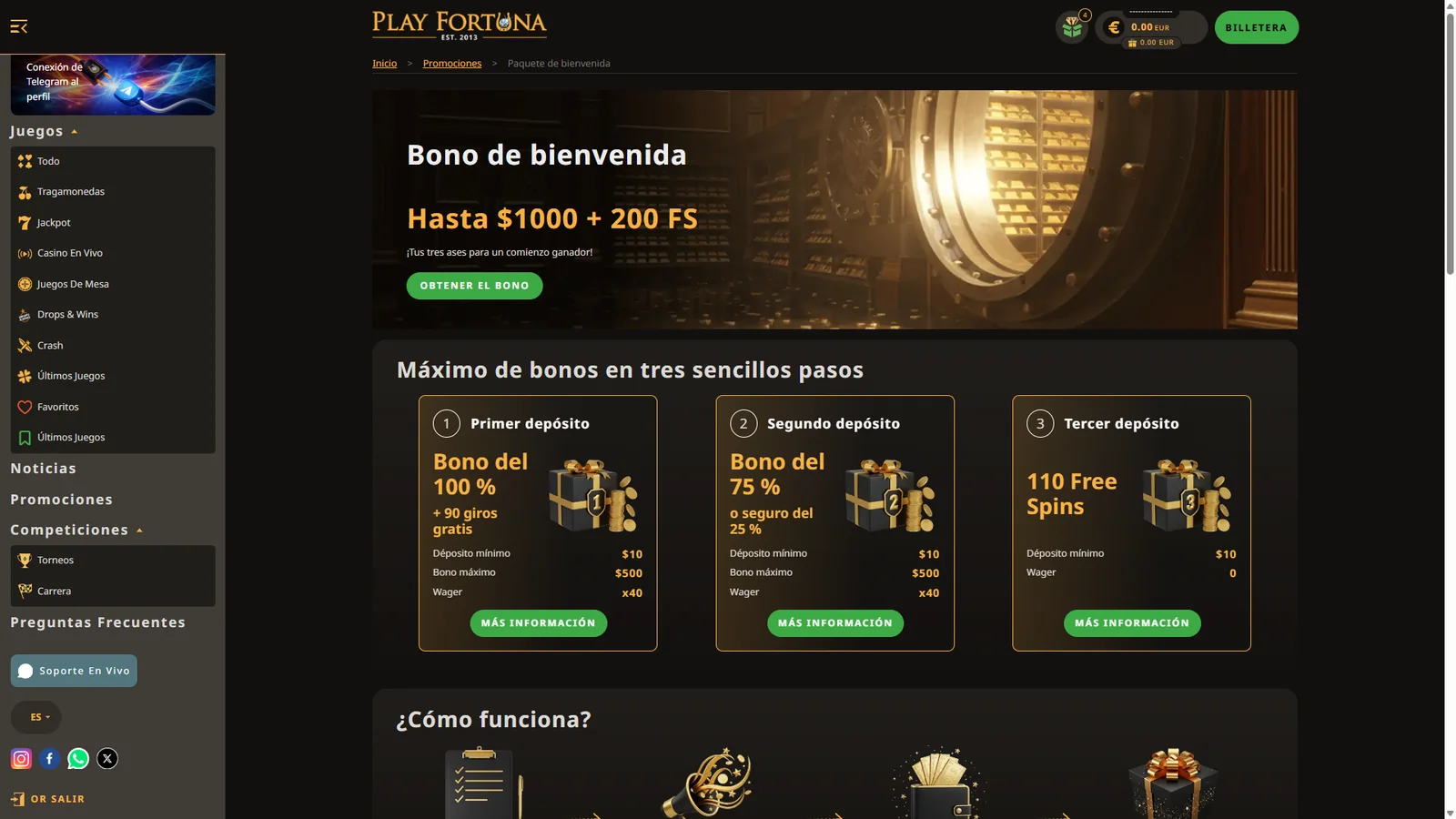 Paquete de bienvenida de Play Fortuna en español con tres etapas de depósito