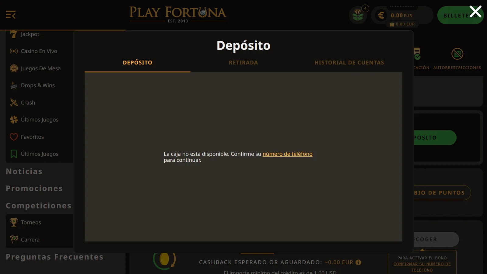 Caja de Play Fortuna en español bloqueada hasta confirmar el número de teléfono