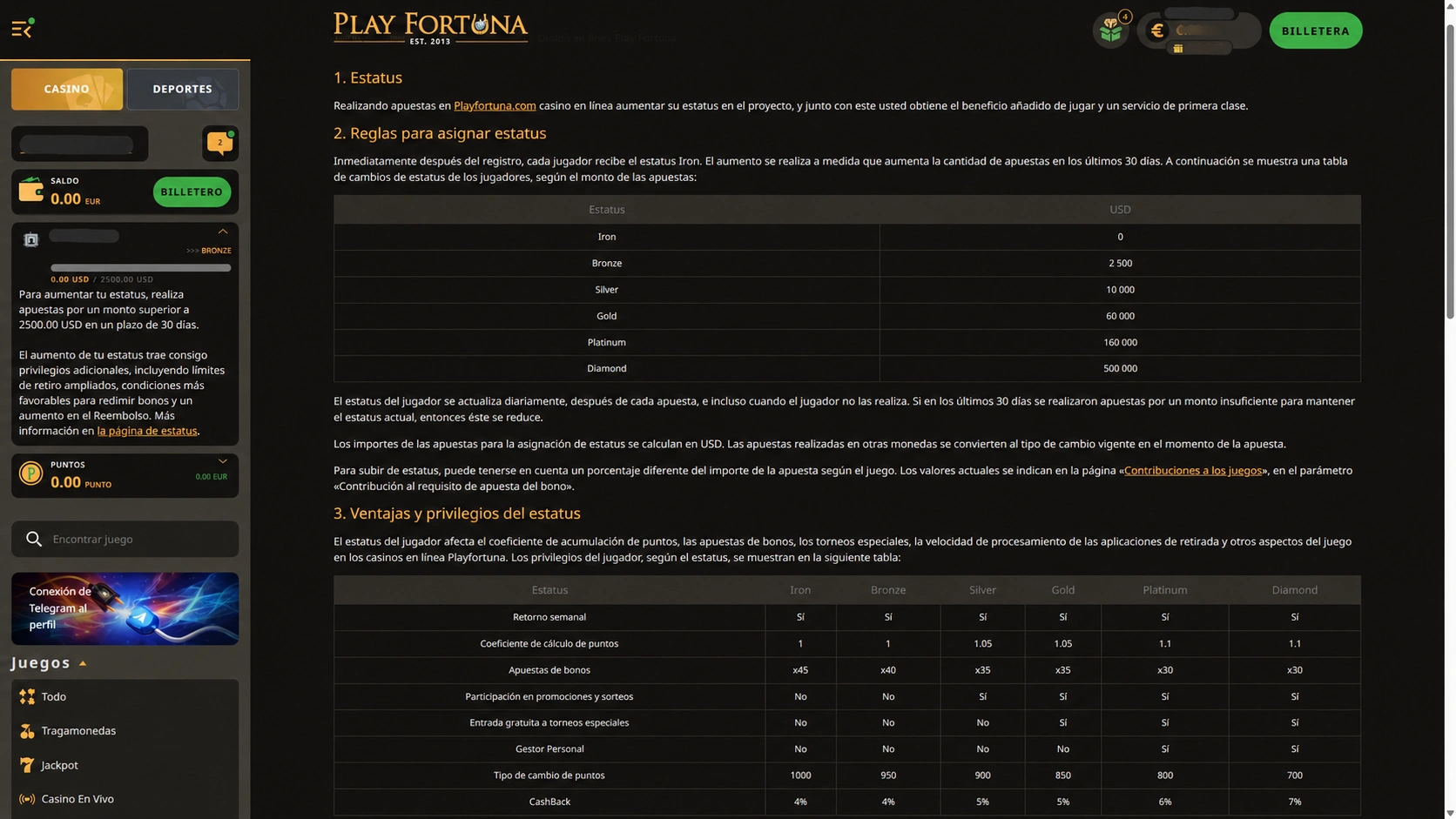 Tabla de estatus de Play Fortuna en español desde Iron hasta Diamond con cashback, puntos y wagering de bonos