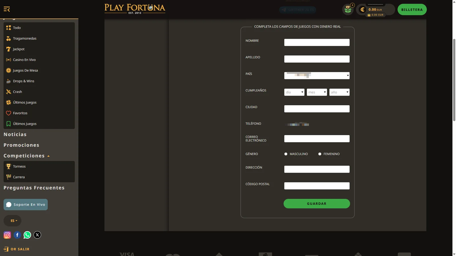 Formulario de perfil de Play Fortuna en español con país, teléfono, correo, dirección y código postal