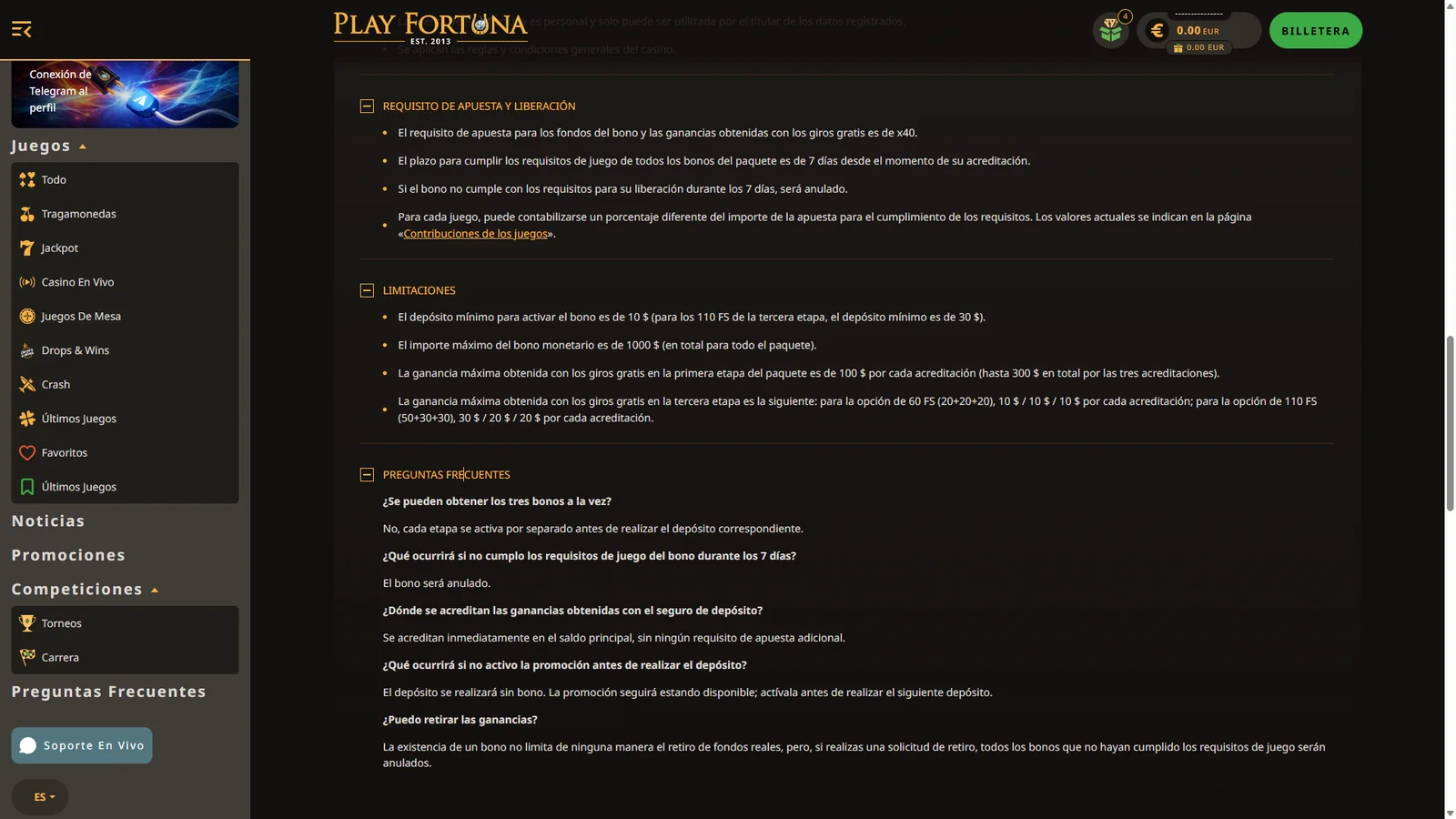 Condiciones del bono de Play Fortuna en español con wagering x40, plazo de 7 días y mínimo de 30 dólares para 110 FS
