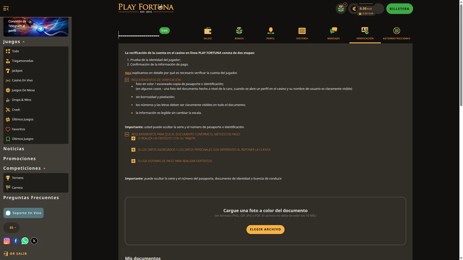 Página de verificación de Play Fortuna en español con prueba de identidad y confirmación de información de pago