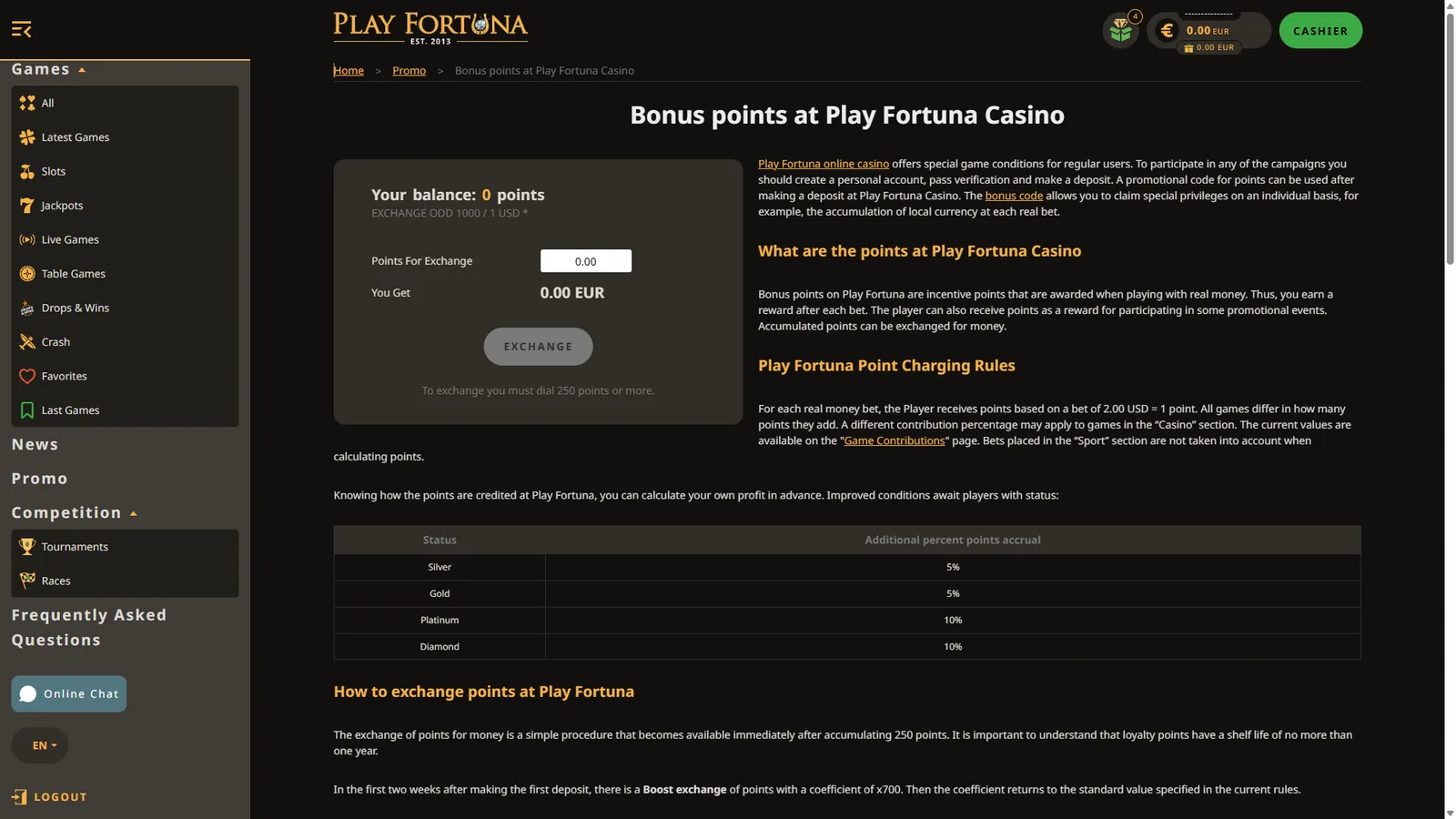 Play Fortuna points page showing points exchange and status-based accrual rules