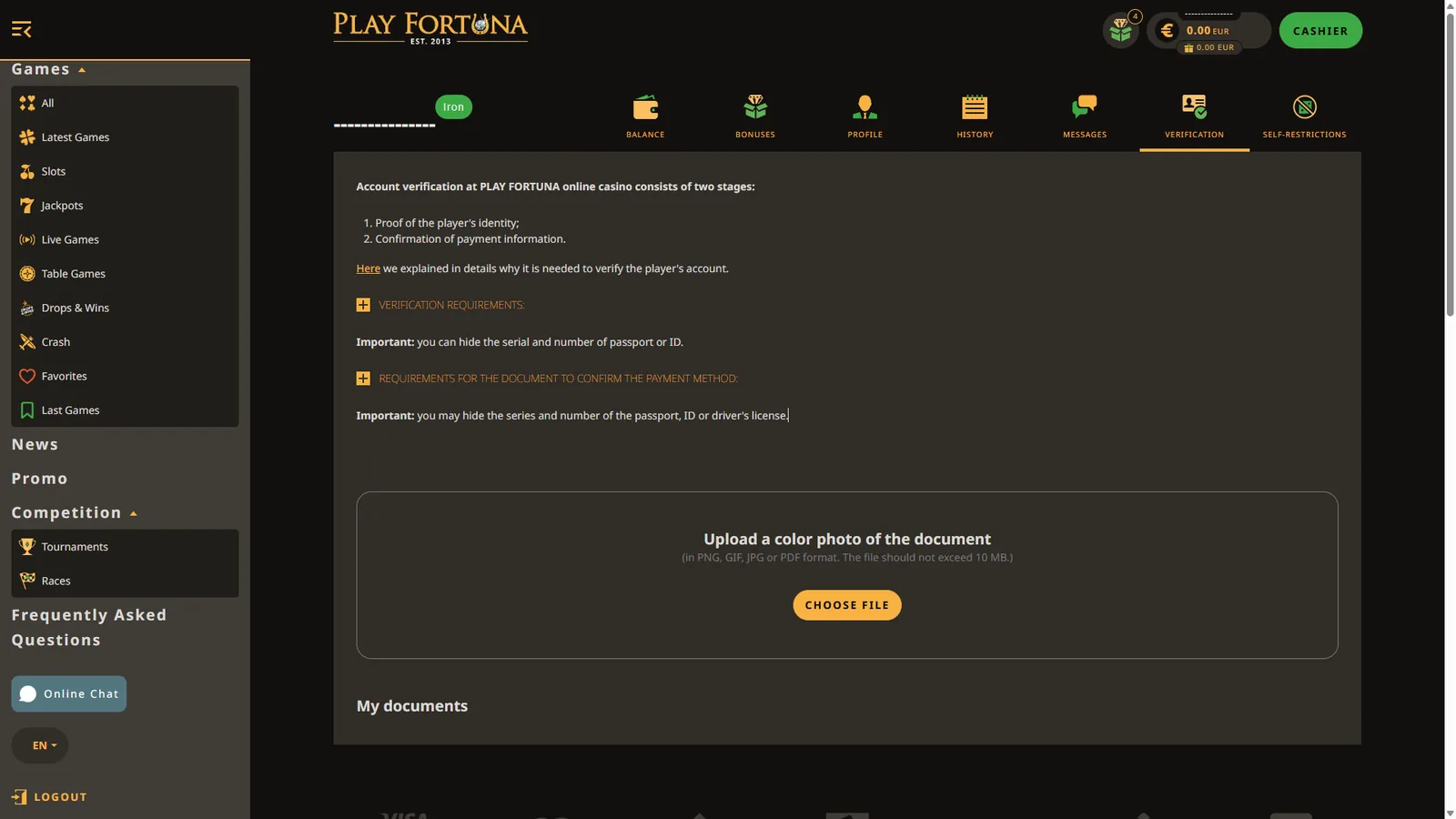 Play Fortuna verification page showing identity and payment information verification stages