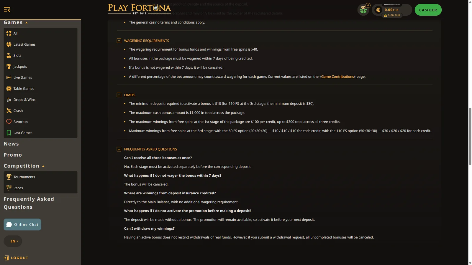 Play Fortuna welcome bonus terms showing x40 wagering, seven-day limit and deposit minimums